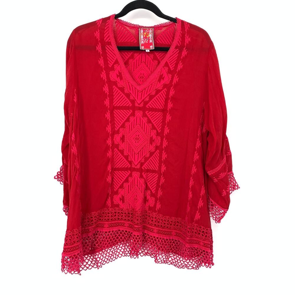 Johnny Was Womens L Renee Red Pink Embroidered Tunic Blouse Crochet Lace Boho